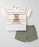 ToffyHouse Interlock Knit Half Sleeves Striped T-Shirt & Shorts Set With Teddy Embroidery - Multicolor