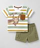 ToffyHouse Interlock Knit Half Sleeves Striped T-Shirt & Shorts Set With Monkey Print - Multicolor