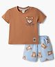 ToffyHouse Interlock Knit Half Sleeves T-Shirt & Shorts With Bear Print - Brown