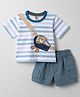 ToffyHouse Interlock Knit Half Sleeves Striped T-Shirt & Shorts Set With Teddy & Bag Print - Multicolor