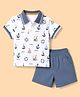 ToffyHouse Interlock Knit Half Sleeves Polo T-Shirt & Shorts with Boat Print - White & Navy