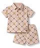 ToffyHouse Interlock Knit Half Sleeves Co-Ord Polo Neck T-Shirt & Shorts Set With Bear Print - Brown & Peach