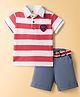 ToffyHouse Interlock Knit Half Sleeves Striped Polo T-Shirt & Shorts Set with Patch Detailing & Belt - Multicolor