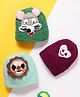 MayRa Knits Hand Knitted Pack Of 3 Heart & Animals Applique Detailed Crochet Caps - Green Blue & Magenta - Circumference 41 Cm