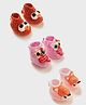 MayRa Knits Set Of 3 Knitted Bird & Fox Applique Detailed Booties -Red Purple & Pink