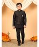 BT DEZINES Cotton Blend Woven Full Sleeves Solid Kurta Pyjama Set with Polka Dots Foil Printed & Floral Brooch Detailed Jacket - Black