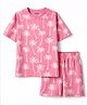 Primo Gino 100% Cotton Knit Half Sleeves Co-Ord T-Shirt & Shorts Night Suit With Tree Print - Pink