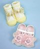 Yellow Bee Cotton Knit Pack Of 2 Bow & Floral Applique Designed Socks Set - Pink & Yellow