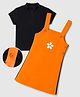 Ollington St. Cotton Lycra Rib Knit Half Sleeves T-Shirt With Floral Printed Waffle Knit Pinafore - Black & Orange