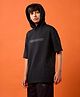 Technosport Knit Half Sleeves Typography Printed Light Winter Hooded Sweatshirt - Black