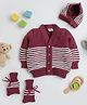 Little Angels Woollen Knit Full Sleeves Striped Cardigan With Cap & Socks - Wine & Cream
