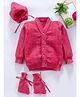 Little Angels Woollen Knit Full Sleeves Chevron Designed Cardigan With Cap & Socks - Fuchsia