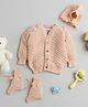 Little Angels Woollen Knit Full Sleeves Self Designed Cardigan With Cap & Socks - Peach