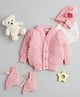 Little Angels Woollen Knit Full Sleeves Self Designed Cardigan With Cap & Socks - Pink