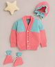 Little Angels Woollen Knit Full Sleeves Colour Blocked Cardigan With Cap & Socks - Neon Pink & Green