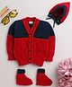 Little Angels Woollen Knit Full Sleeves Colour Blocked Cardigan With Cap & Socks - Red & Navy Blue