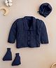 Little Angels Woollen Knit Full Sleeves Self Designed Cardigan With Cap & Socks - Navy Blue