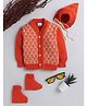 Little Angels Woollen Knit Full Sleeves Geometric Designed Cardigan With Cap & Socks - Orange