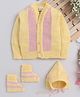 Little Angels Woollen Knit Full Sleeves Colour Blocked Cardigan With Cap & Socks - Yellow