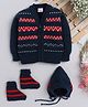 Little Angels Woollen Knit Full Sleeves Self Designed Cardigan With Cap & Socks - Navy Blue & Red