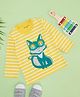 Pantaloons Baby Cotton Knit  Full Sleeves Striped & Cat Printed Tee - Yellow