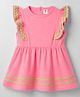 ToffyHouse Cotton Knit Sleeveless Solid Frock With Lace Detailing - Neon Pink