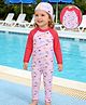 Mark & Mia Raglan Full Sleeves Sea Life Printed Legged Swimsuit With Cap - Pink