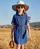 Hola Bonita Cotton Woven Half Sleeves Solid Colour Denim Dress with Belt - Blue