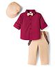 Babyhug Knit Half Sleeves Solid Party Shirt & Trouser Set With Bow Suspender & Cap - Maroon