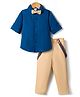 Babyhug Cotton Blend Knit Full Sleeves Solid Party Shirt & Trouser Set With Bow & Suspender - Blue & Beige