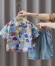 POP STREET KIDS Cotton Woven Half Sleeves Animal Printed Shirt & Shorts - Blue