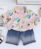 POP STREET KIDS Cotton Woven Half Sleeves Animal Printed Shirt & Shorts - Pink