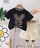 POP STREET KIDS Cotton Knit Half Sleeves Rabbit Embroidered Tee & Shorts Set - Black