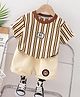 POP STREET KIDS Cotton Knit Half Sleeves Striped Tee & Shorts Set - Beige