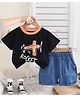 POP STREET KIDS Cotton Knit Half Sleeves Rocket Text Printed Tee & Shorts Set - Black