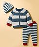Yellow Apple Knit Full Raglan Sleeves Striped Front Open Sweater Set with Cap - Blue