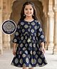 EARTHY TOUCH 100% Cotton Knit Three Forth Sleeves Floral Printed Dress -Navy Blue