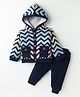 Yellow Apple Knit Full Sleeves Striped Hooded Sweater & Joggers Pant Winter Wear Set - Navy Blue