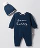 Yellow Apple Knit Full Raglan Sleeves Winter Wear Romper with Cap & Snow Bunny Embroidery - Navy Blue