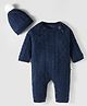 Yellow Apple Knit Full Raglan Sleeves Winter Wear Romper with Cap & Cable Knit Design - Navy Blue