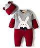 Yellow Apple Knit Full Sleeves Winter Wear Romper with Cap Bow Applique & Bunny Embroidery - Maroon