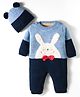 Yellow Apple Knit Full Sleeves Winter Wear Romper with Cap Bow Applique & Bunny Embroidery - Navy Blue