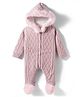 Yellow Apple Knit Full Sleeves Hooded Winter Wear Romper with Cable Knit Design - Pink