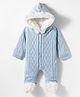 Yellow Apple Knit Full Sleeves Hooded Winter Wear Romper with Cable Knit Design - Light Blue
