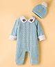 Yellow Apple Knit Full Sleeves Winter Wear Romper with Cap & Cable Knit Design - Light Blue