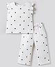 Bonfino 100% Cotton Double Cloth Knit Frill Sleeves Co-ords Top & Pant Set with Polka Dot Print - White