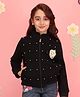 Cutecumber Fleece Knit Full Sleeves Pearls Embellished Floral Applique Detailed Light Winter Jacket - Black