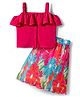 Ollington St. Cotton Knit Sleeveless Top & Skirt Set With Printed Georgette Pleats- Pink & Multicolour