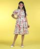 Cutiekins Georgette Woven Half Sleeves Floral Printed Tiered Dress - Off White & Pink