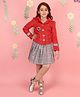 Cutecumber Suede Knit Full Sleeves Floral Applique Detailed Winter Jacket & Skirt Set - Red